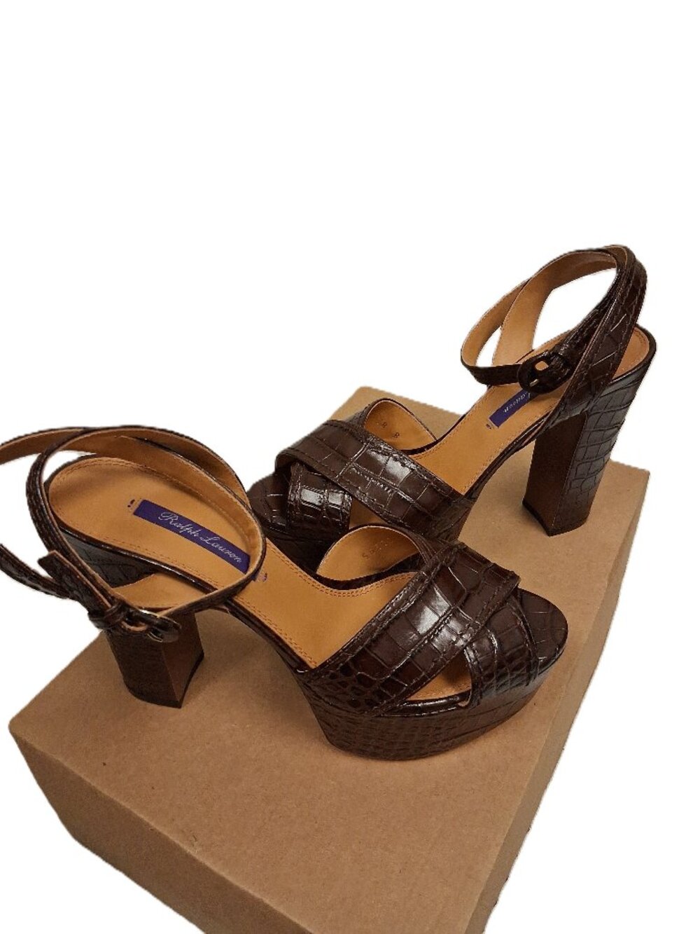 Ralph Lauren Purple Label Brown Lakia Embossed Calf Heels